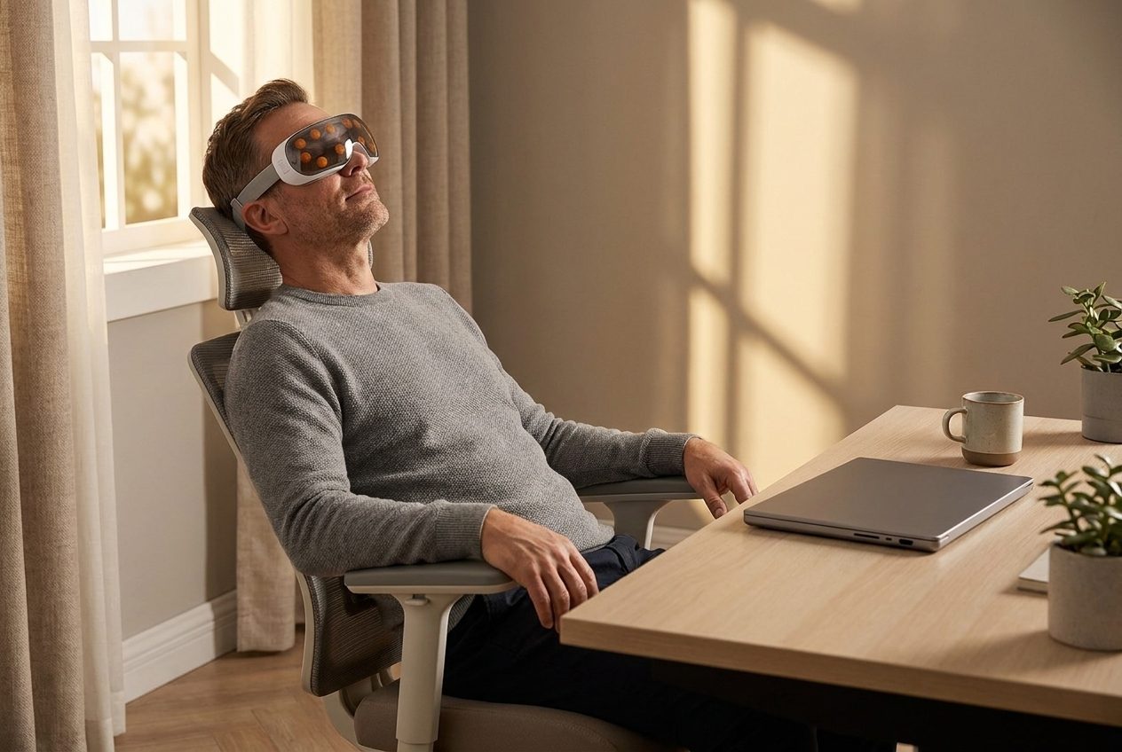 Man leaning back in an office chair at his desk, wearing the eye massager