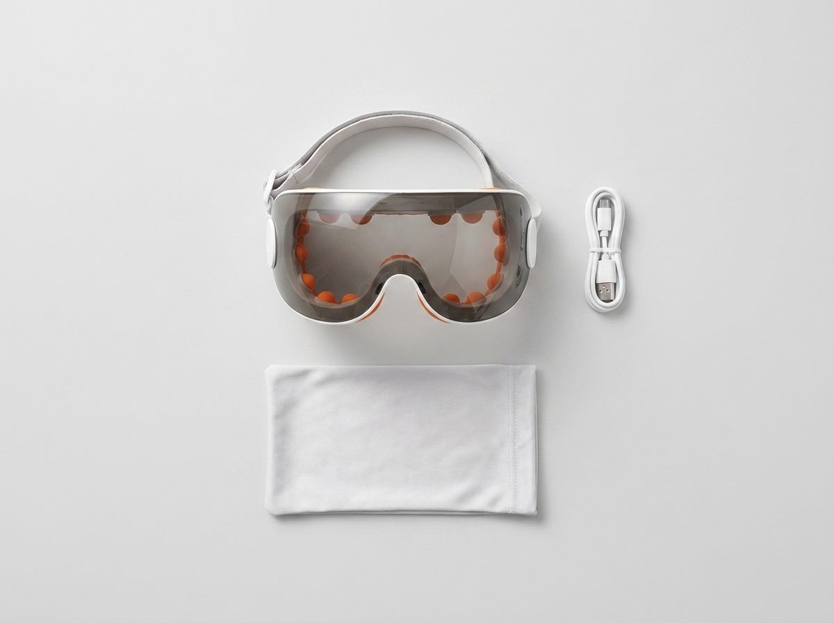 Flat lay of the eye massager, USB cable and travel pouch