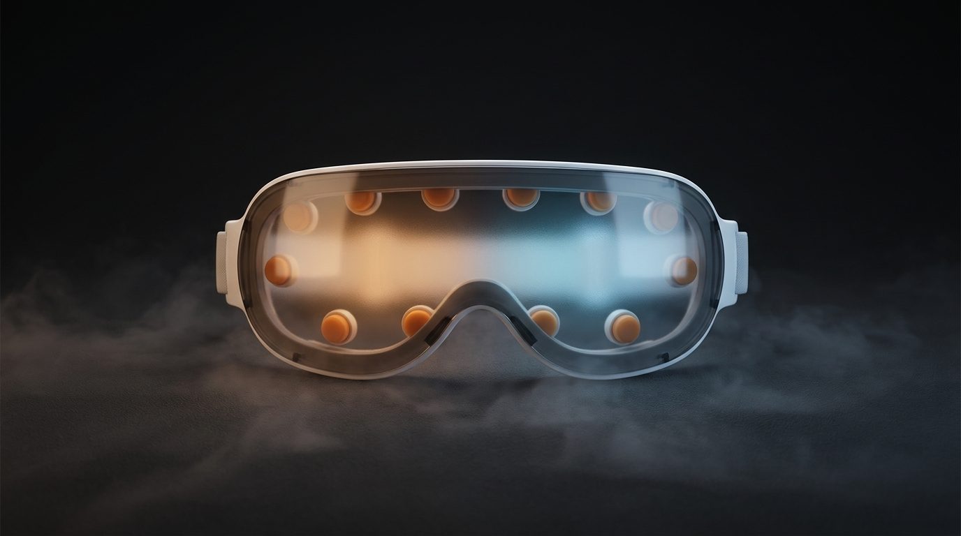The eye massager glowing warm amber on one side and cool blue on the other
