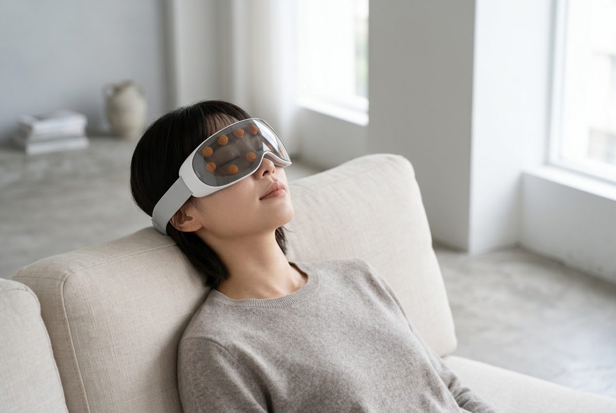 Woman reclining on a sofa with her eyes closed, wearing the transparent eye massager